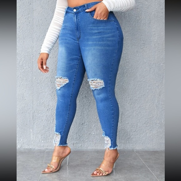 NWT Plus Size SHEIN SXY Plus High Waist Ripped Raw Trim Skinny Jeans - Picture 2 of 6